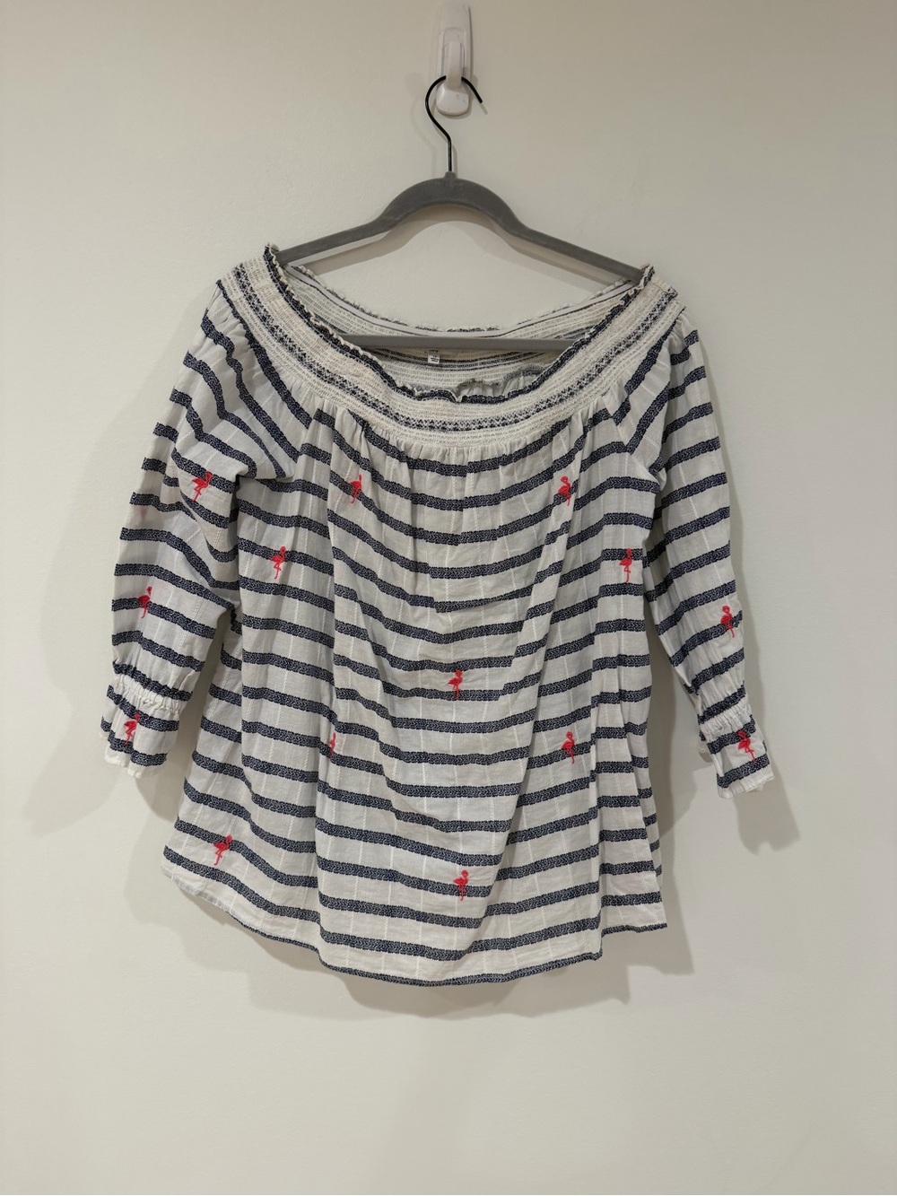Striped Off-Shoulder Top with Pink Flamingos